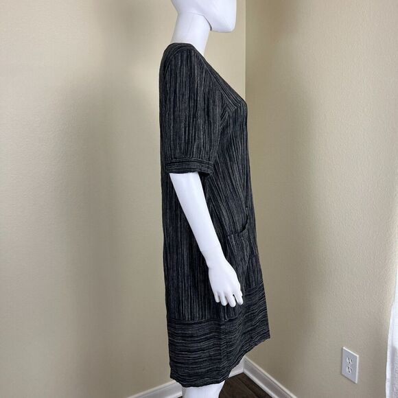 Lisa Bayne Women's Size S Black Stripe Woven Linen Shift Dress Lagenlook Artisan - Picture 12 of 12